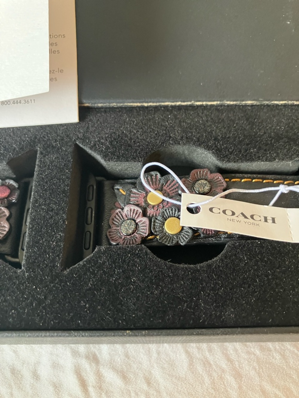 Coach: 2016 Black Leather Tea Rose Appliqué Apple Watch Band- 38mm-40mm- IOB - Picture 10 of 12